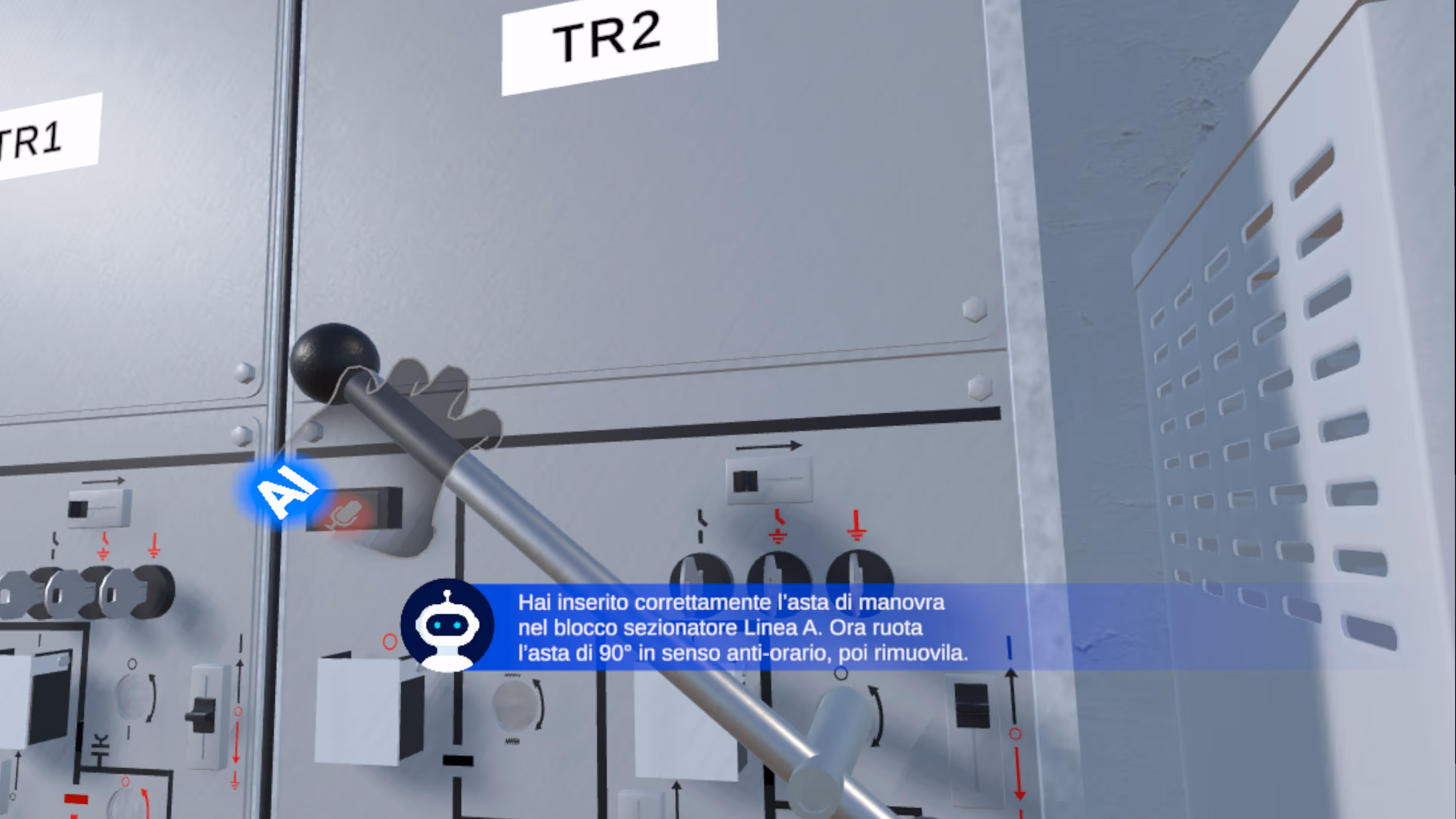 Close-up of a digital 3D model of a a control panel with a large metal lever being inserted, labeled TR1 and TR2, with an overlayed message in Italian about the correct insertion and rotation of the lever.