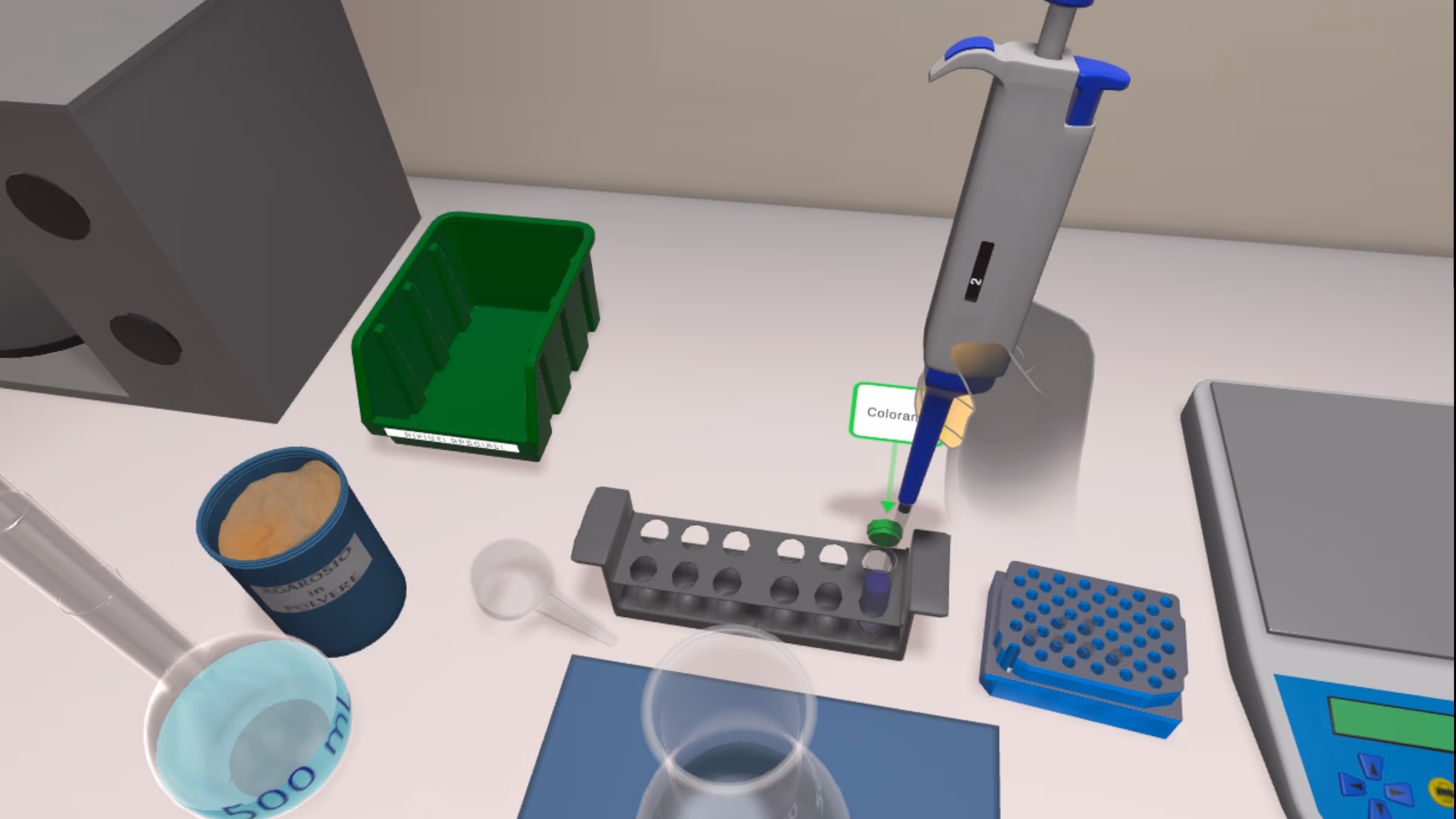 Digital 3D model of a laboratory bench setup with a pipette dispensing liquid into a test tube rack, glassware, a container labeled 'Scaroso di Silve,' and a digital scale.