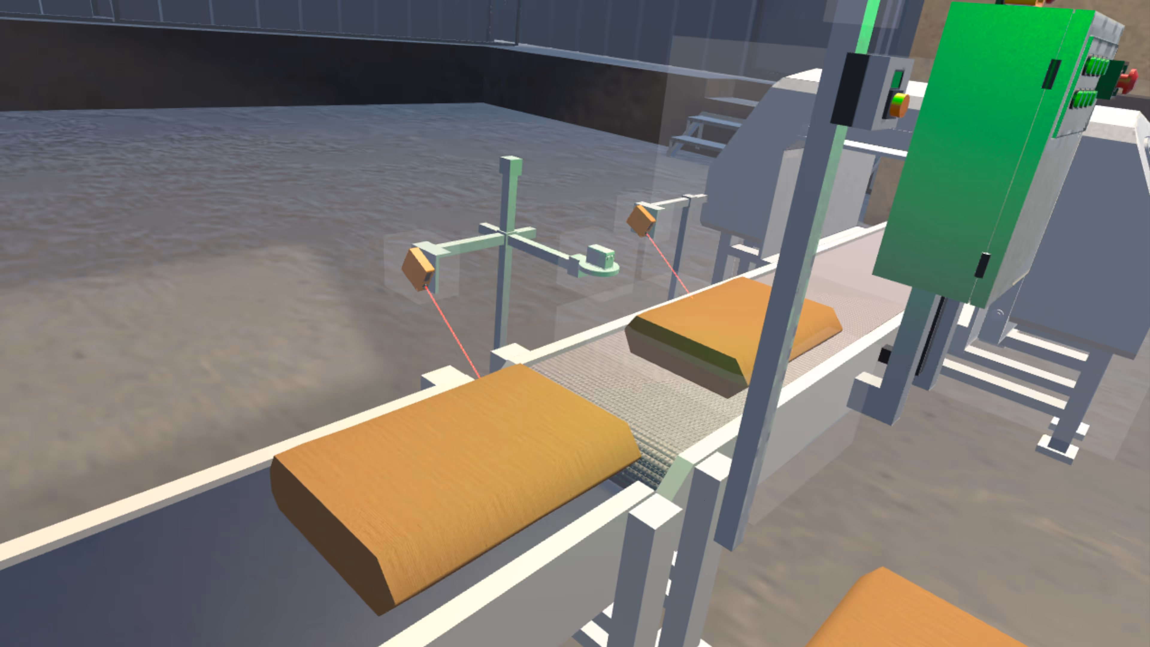 Digital 3D model of a industrial conveyor belts transporting rectangular golden-brown packages with sensors scanning them.
