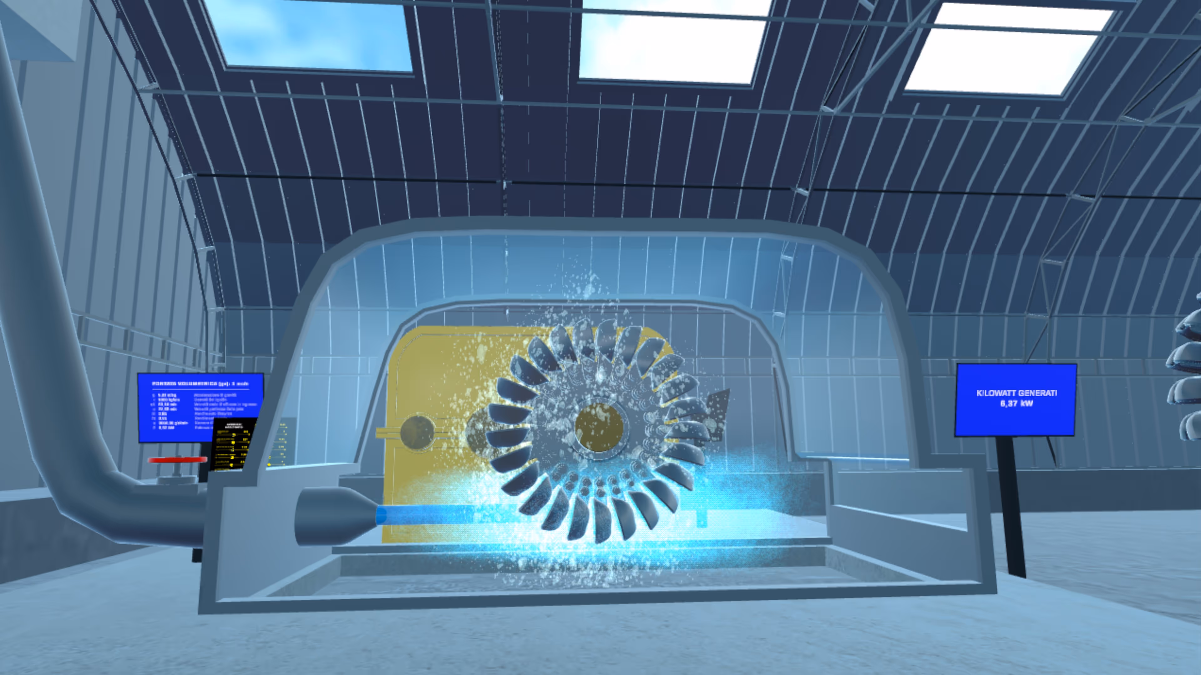 Digital 3D model of a Pelton turbine with water splashing on blades inside an industrial setting with blue informational screens.