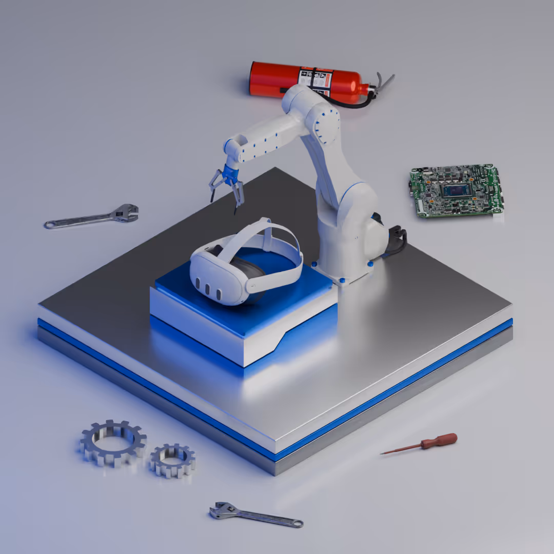 3D isometric display of a small white robotic arm on a platform next to a VR headset, surrounded by tools, gears, a fire extinguisher, and a computer circuit board.